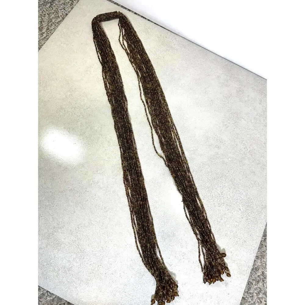 VTG 50” Multi Strand Brown Amber Glass Bead Tassel Necklace Boho